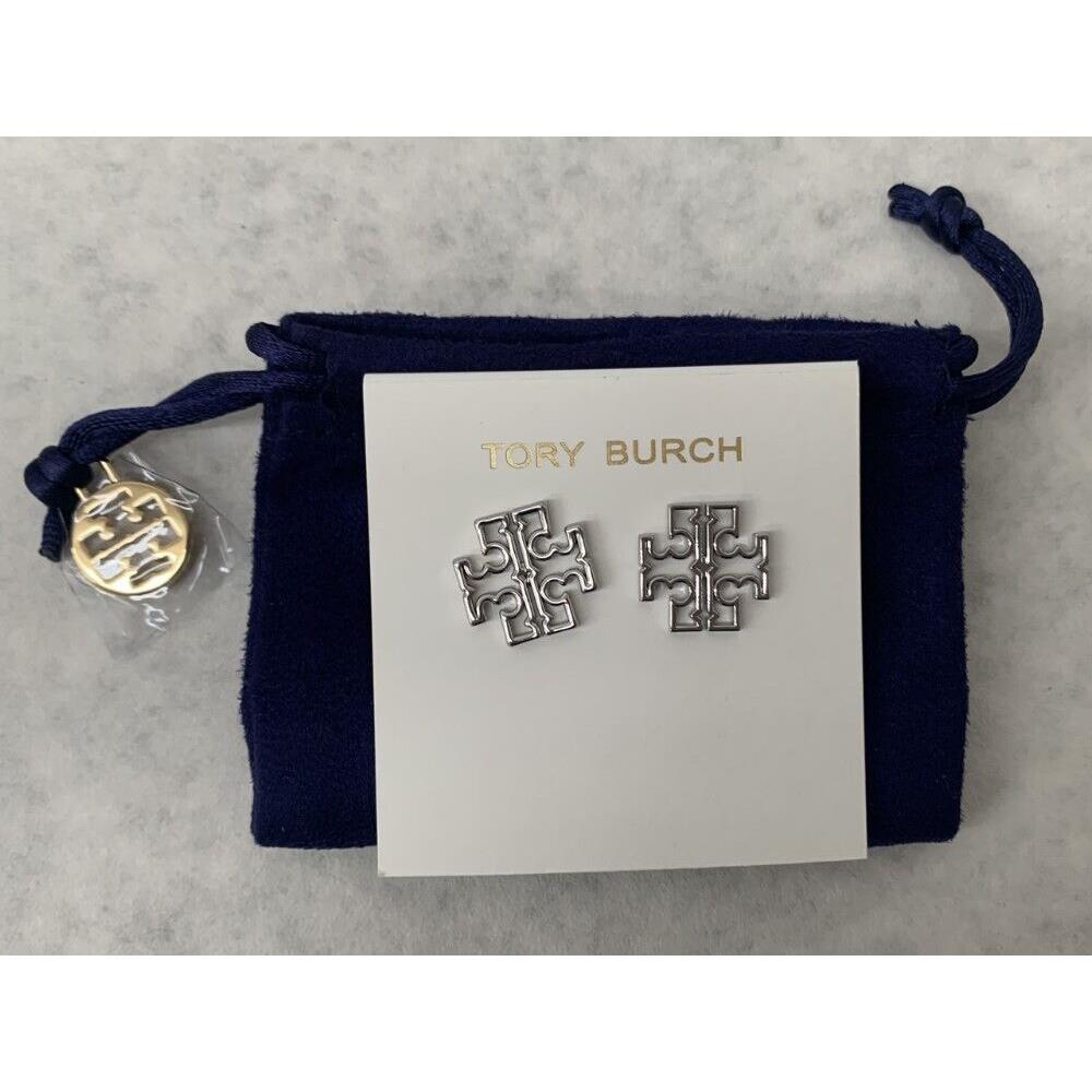 Tory Burch 80248 Britten Logo Stud Earring in Silver Tone