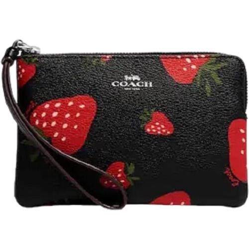 Coach Signature Corner Zip Wristlet Strawberry Print Black Style CH535