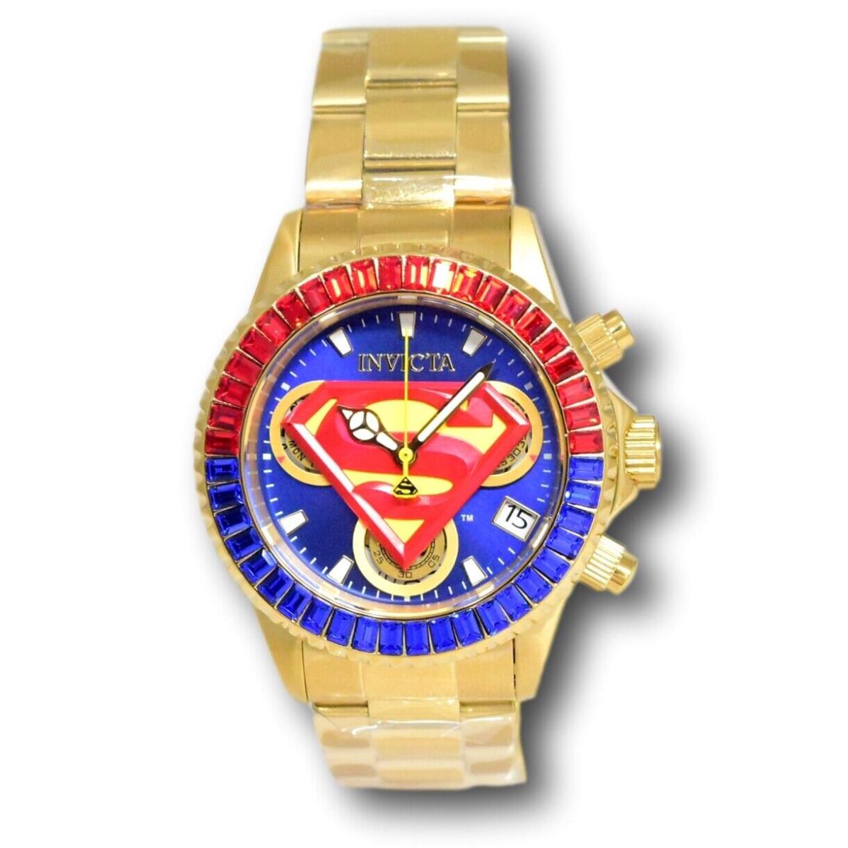 Invicta DC Comics Women`s 40mm Limited Crystals Swiss Chrono Watch 41268 - Dial: Blue, Band: Gold, Bezel: Blue