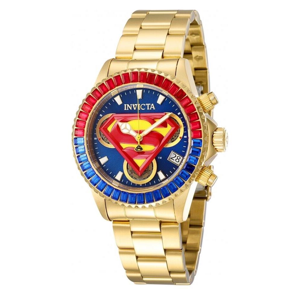 Invicta DC Comics Women`s 40mm Limited Crystals Swiss Chrono Watch 41268 - Dial: Blue, Band: Gold, Bezel: Blue