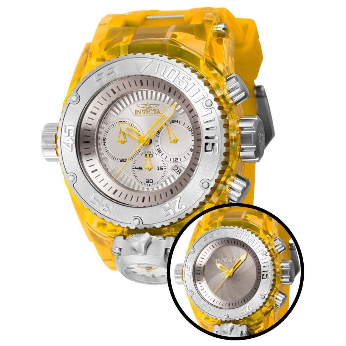 Invicta Men`s 52mm Zeus Magnum Anatomic Shutter Dual Time/movt Chronograph Watch - Dial: Silver, Band: Yellow, Bezel: Silver