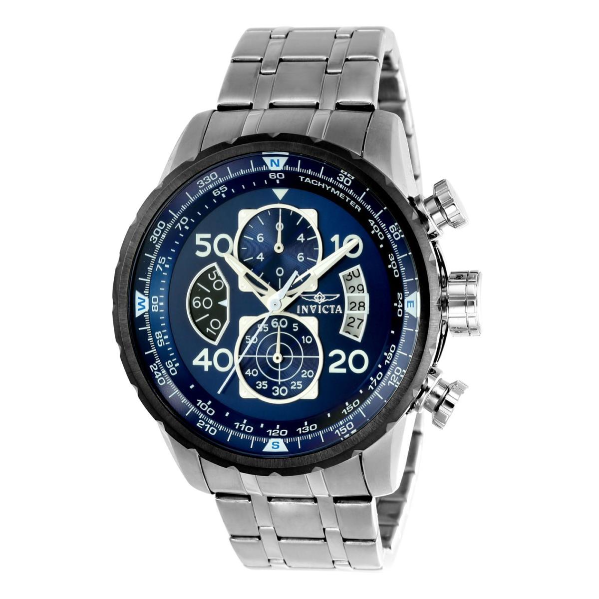 Watch Invicta 22970 Aviator Men 48 Stainless Steel - Dial: Blue, Band: Silver, Bezel: Gray