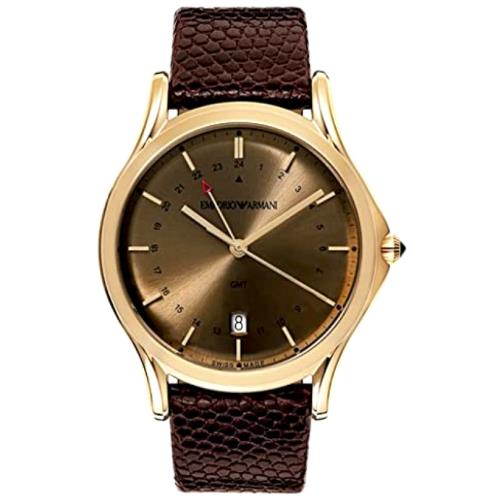 Emporio Armani Swiss Men`s Watch Gmt Gold Tone Leather Date Indicator ARS1103