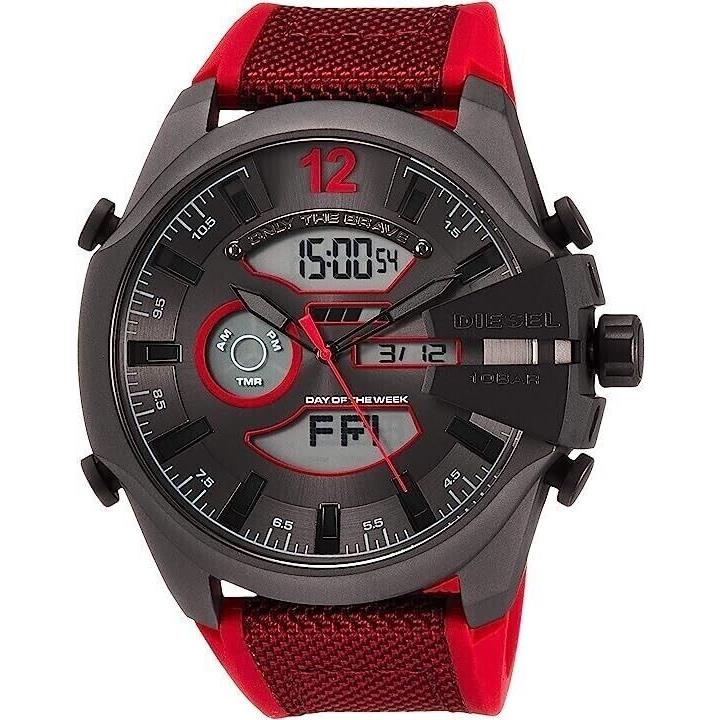 Diesel Mega Chief Black Analog Digital Dial Red Silicone Band Mens Watch DZ4551 - Band: Red