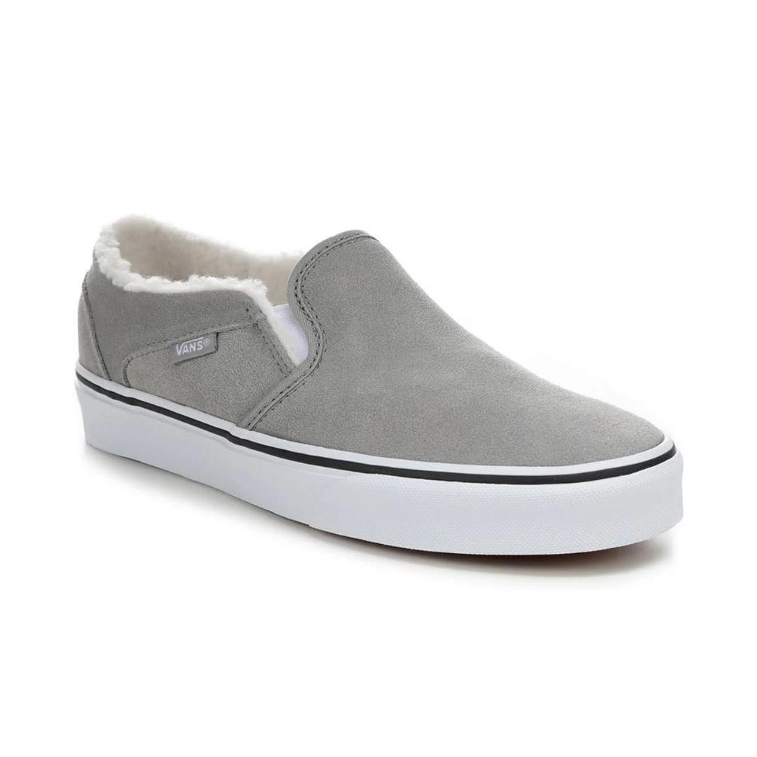 Vans Asher Women`s Suede Sherpa Drizzle Grey Slip-on Shoes Size 10 - Gray