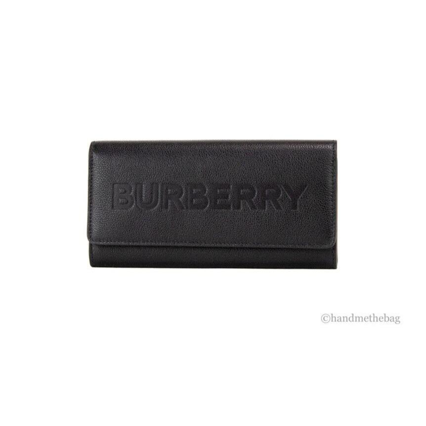 Burberry Porter Black Grained Leather Branded Logo Embossed Clutch Flap Wallet