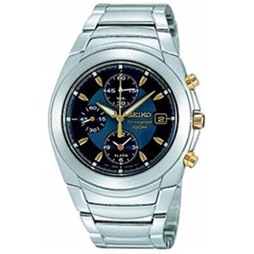 Seiko Men`s Alarm Chronograph Silver Stainless Steel Blue Dial SNA423P1 Watch - Dial: Blue, Band: Silver
