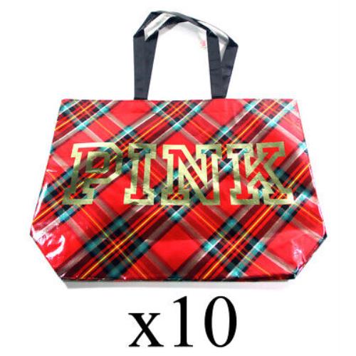 x10 Victoria`s Secret Pink Tote Bag Red Green Gold Plaid Reusable Shopping Bag