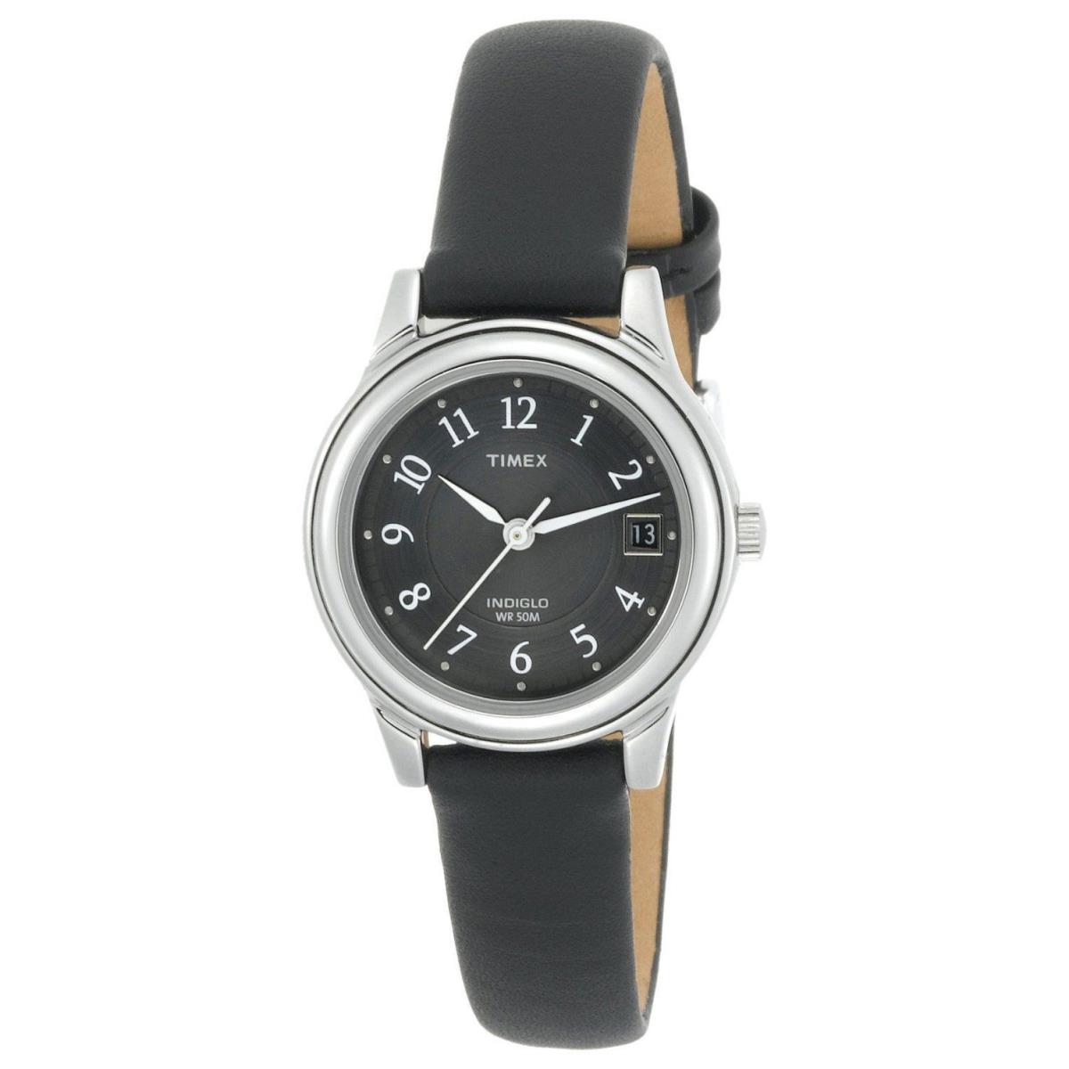 Timex T29291 Women`s Black Leather Watch Indiglo Date Black Dial