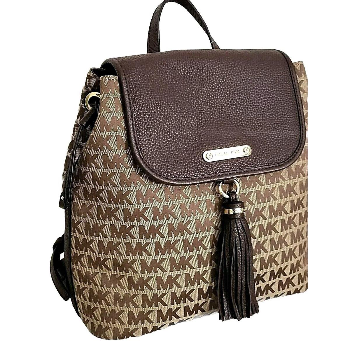 Michael Kors Bedford Java Brown Monogram MK Logo Drawstring Backpack Bag