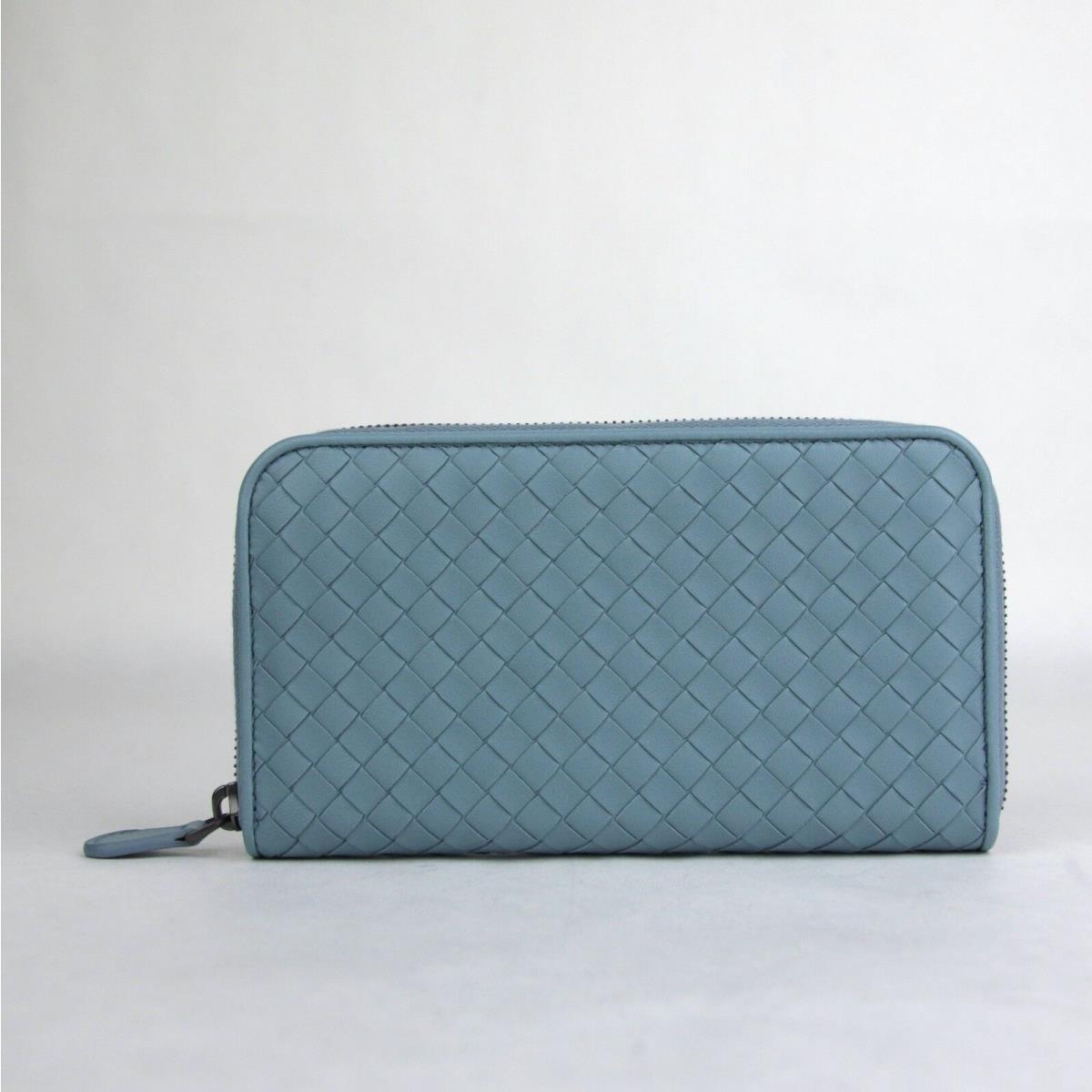 Bottega Veneta Women`s Light Blue Leather Woven Zip Around Wallet 132358 4713