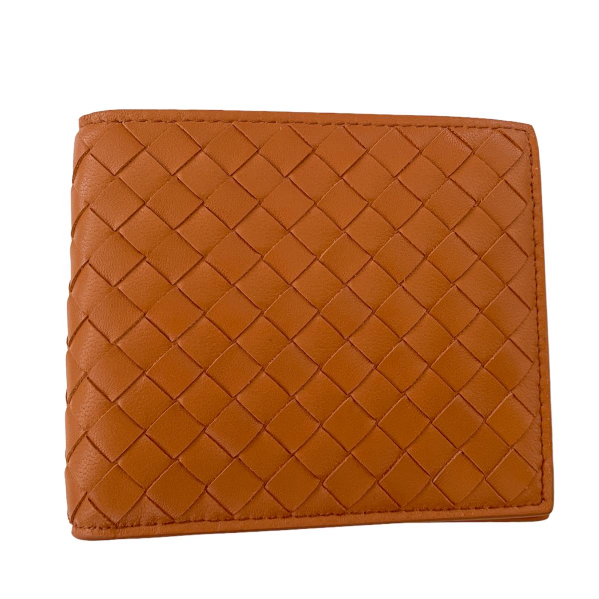 Bottega Veneta Mens Orange Leather Intrecciato Woven Bifold Wallet 196207