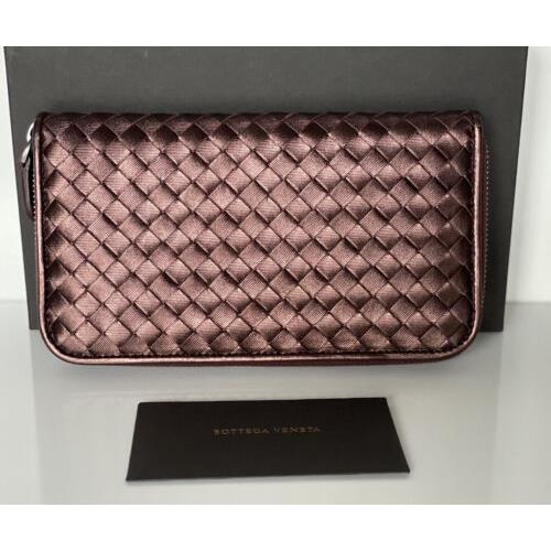 Bottega Veneta Intrecciato Zipper Gros Grain Leather Wallet Dk Barolo 518389