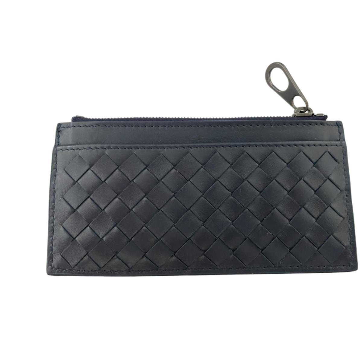 Bottega Veneta Mens Navy Blue Leather Intrecciato Woven Card Wallet 566430