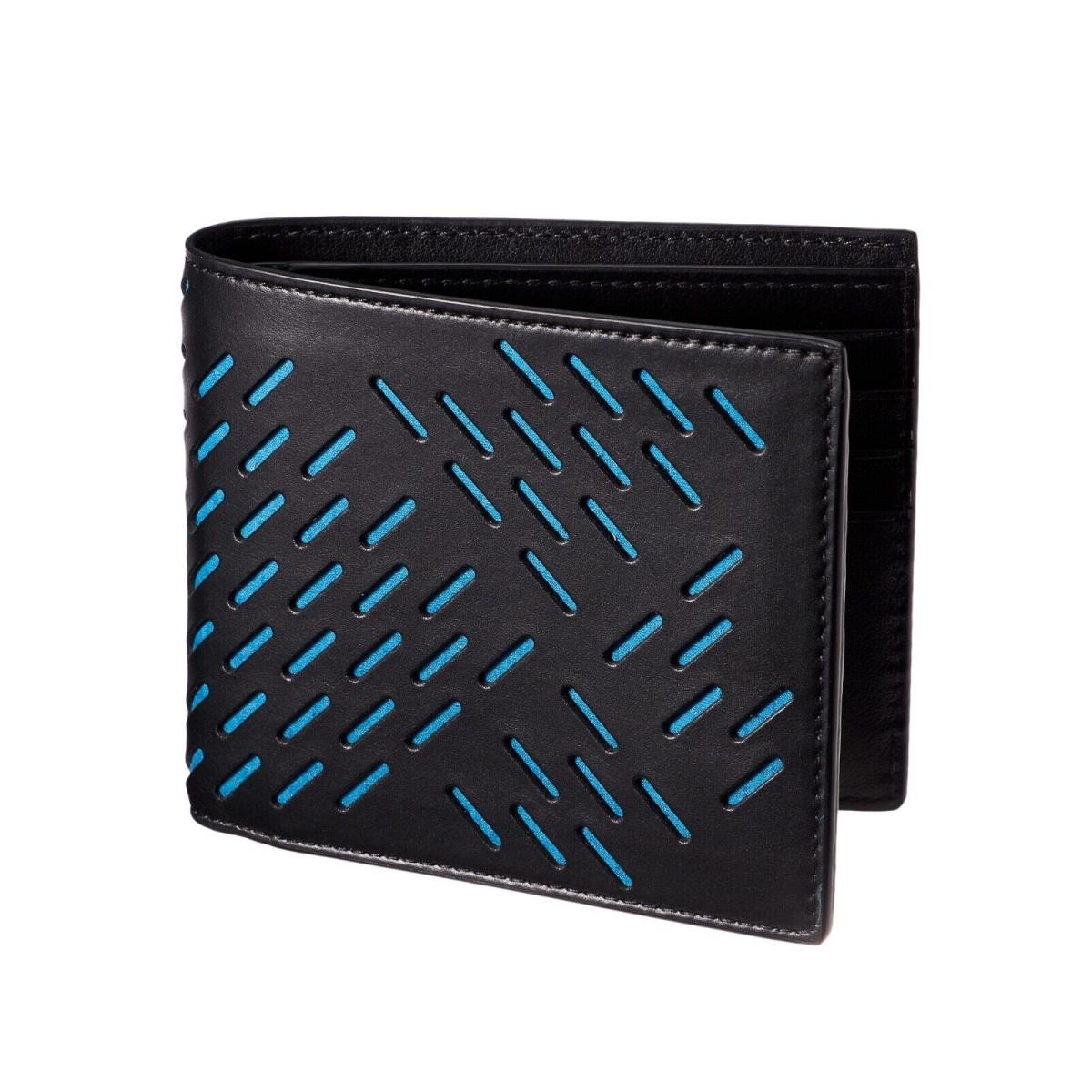 Bottega Veneta Men`s Perforated Paper Cut Leather Bifold Wallets Black Blue