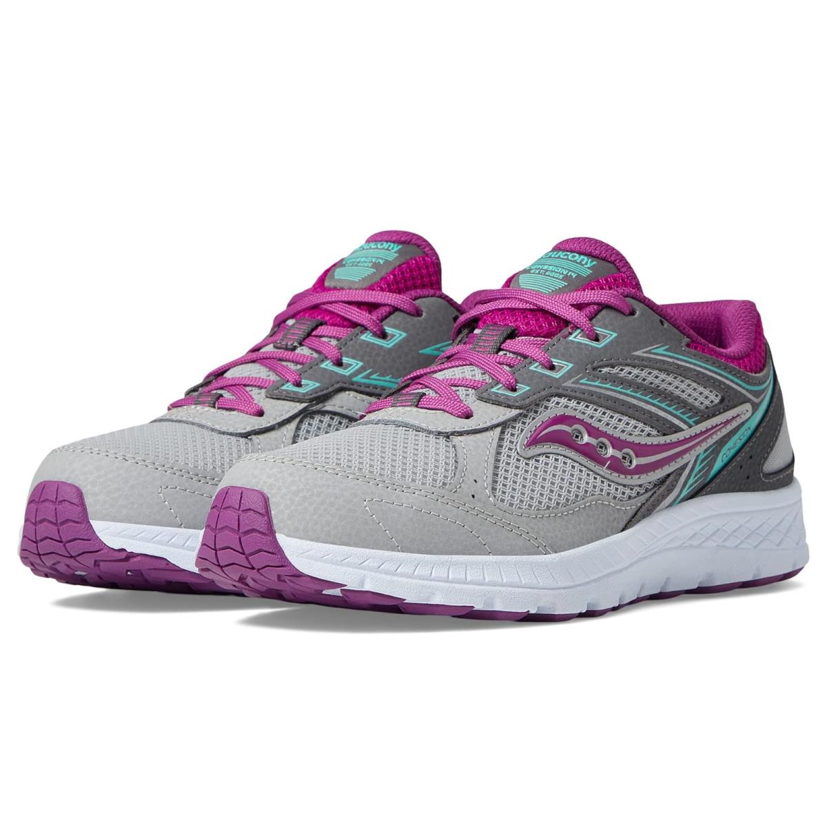 Girl`s Shoes Saucony Kids Cohesion 14 Ltt Little Kid/big Kid - Grey/Magenta/Turquoise