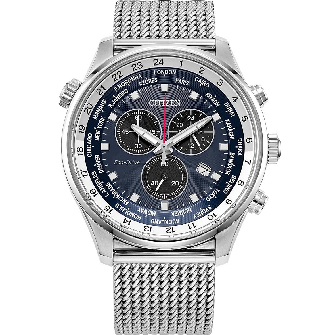 Citizen Blue Dial Mesh Band Chronograph Sports Eco-drive Men`s Watch AT0368-82L - Dial: Blue, Band: Silver, Bezel: Silver