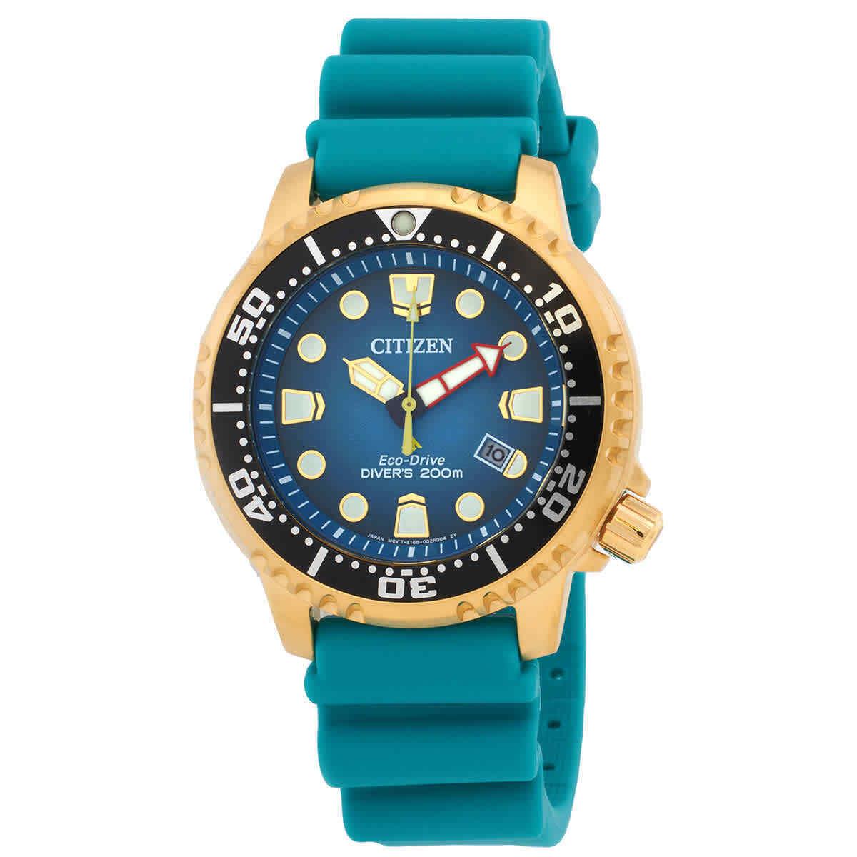 Citizen Eco-drive Promaster Dive Turquoise Dial Men`s Watch BN0162-02X - Dial: Blue, Band: Blue, Bezel: Gold-tone