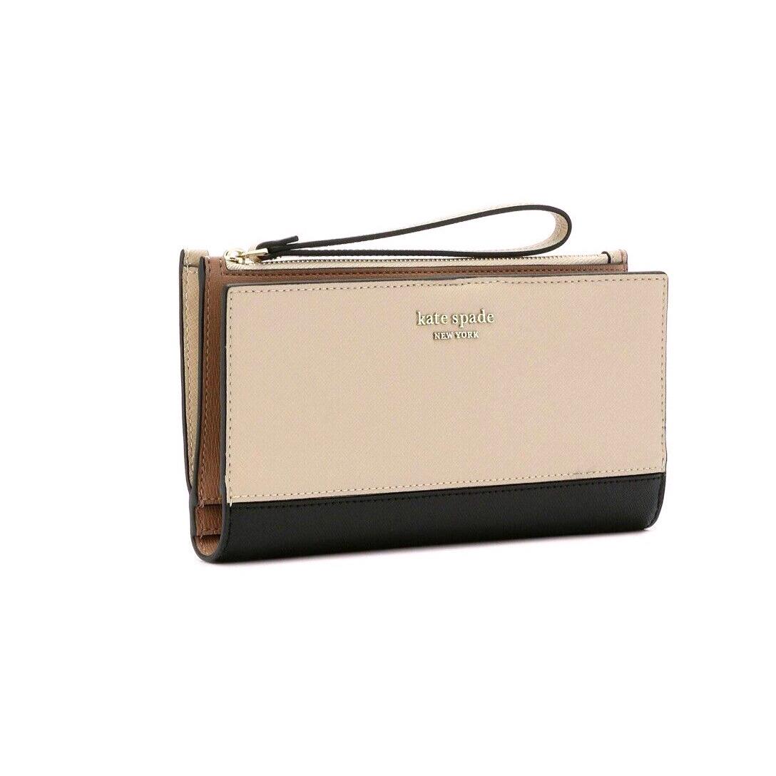 New Kate Spade Spencer Continental Wristlet Saffiano Leather Warm Beige / Black