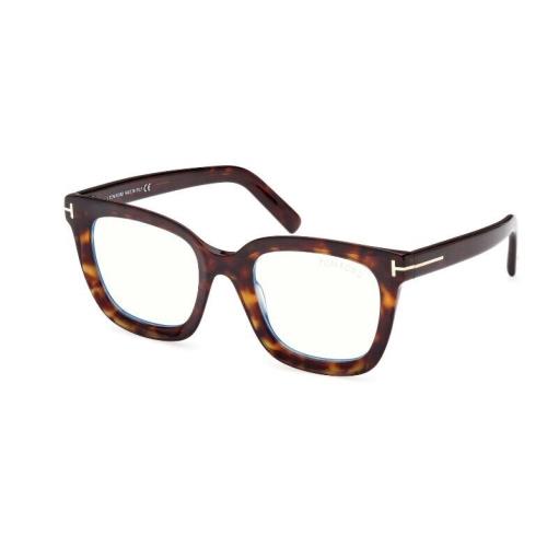 Tom Ford FT5880-B 052 Shiny Dark Havana/ Blue Block Square Women`s Eyeglasses