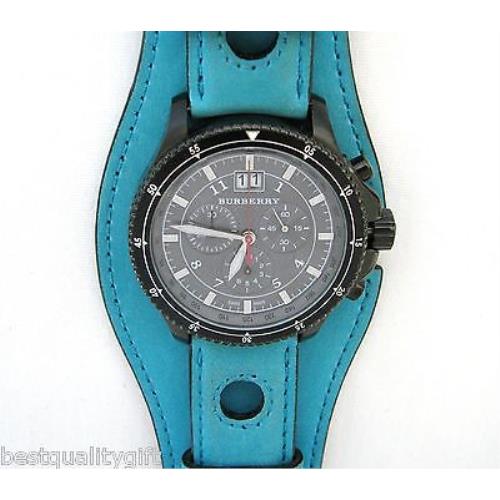 Burberry Surf Turquoise Blue Leather Cuff Chronograph Watch BU7606