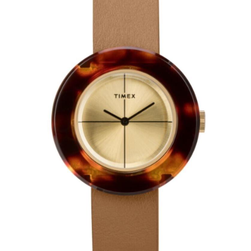 Timex TW2T93100 Women`s Analog Tortoise / Gold-tone Watch Brown Leather Strap