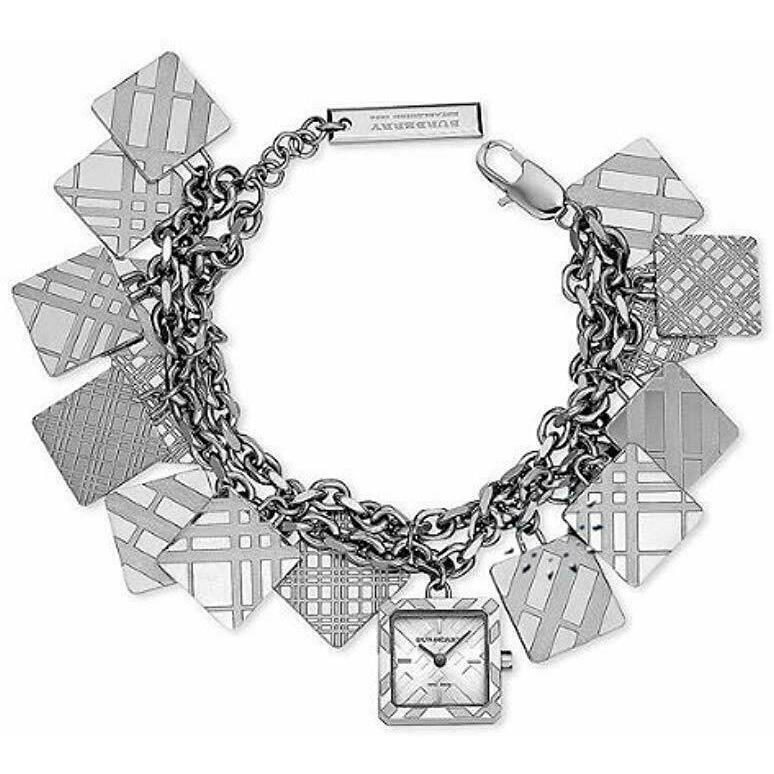 Burberry Silver Tone Square Checker Charm Chain Bracelet Watch BU5260