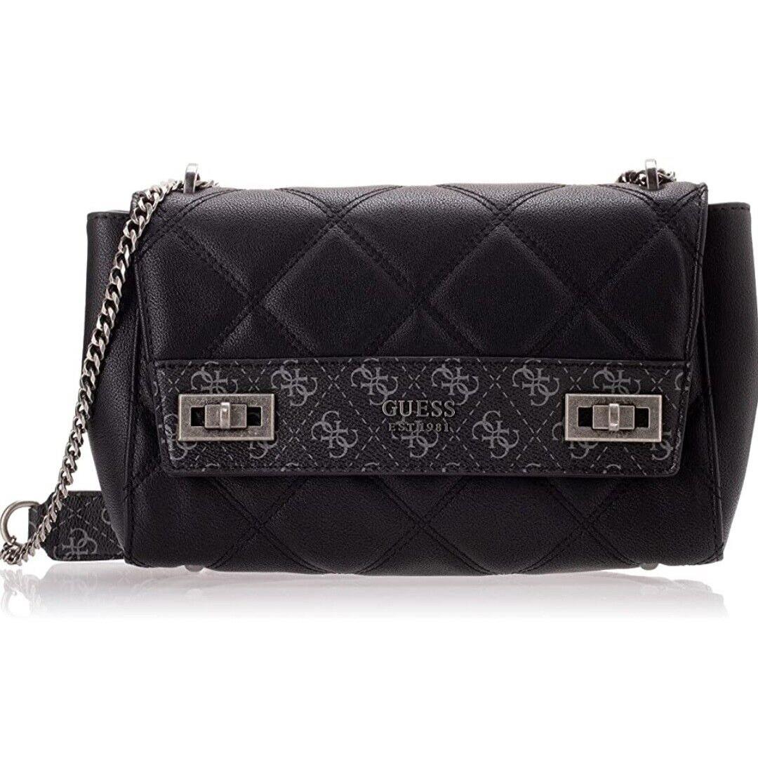 Guess Katey Flap Shoulder Handbag Black Quilted Pebble w/ Gunmetal