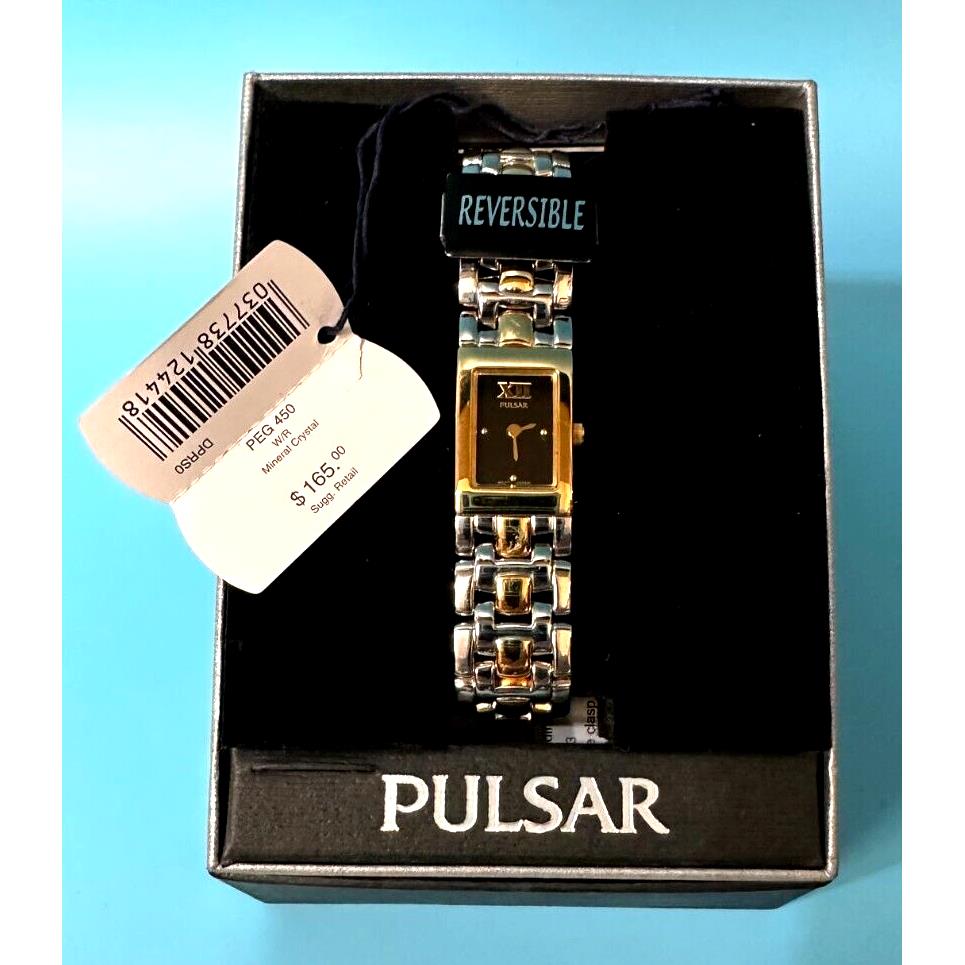 Pulsar Pular Ladies Reversible Tu-tone Tank Black Face Gold Bracelet Watch Ret