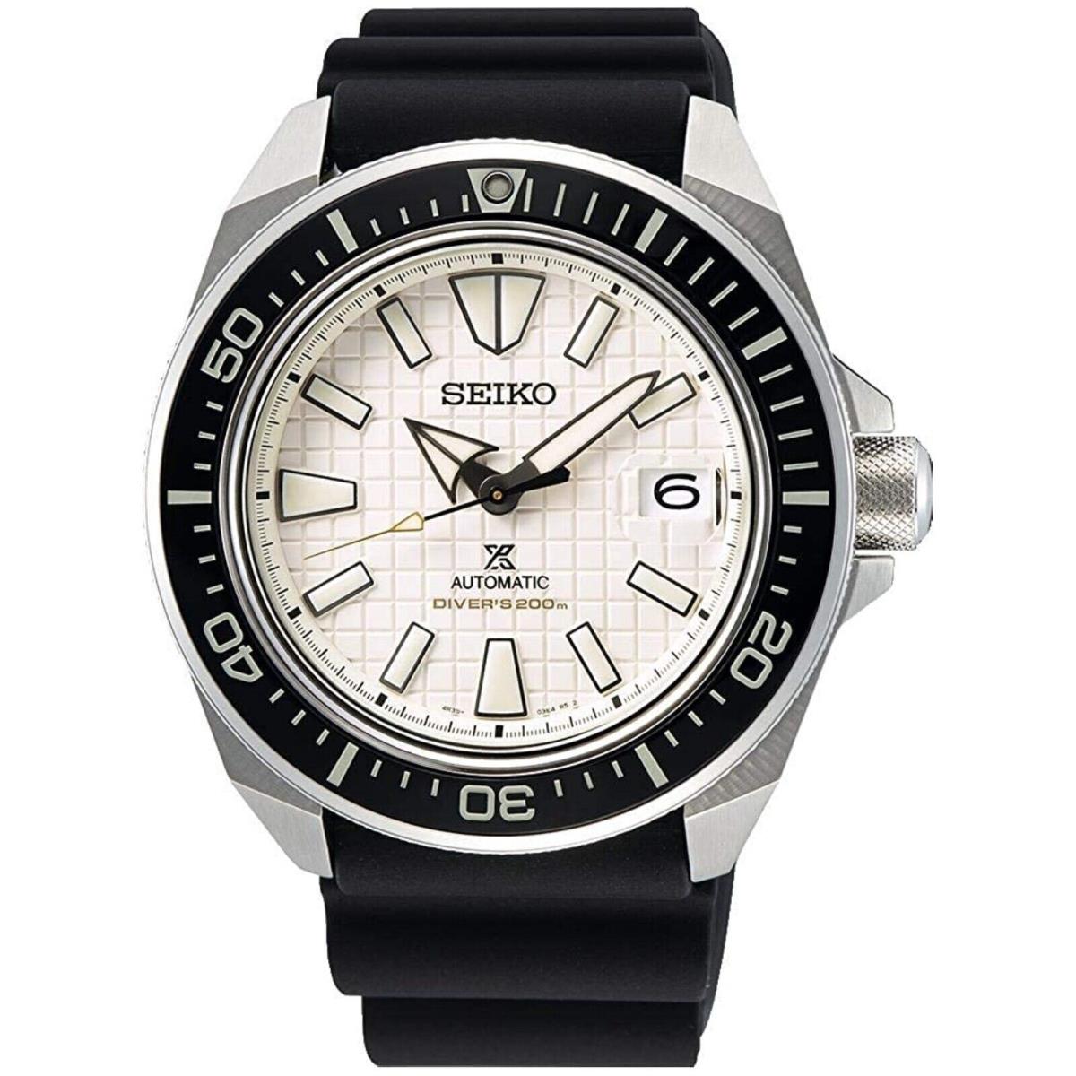 Seiko Prospex Men`s White Dial Black Silicone Band Analog Watch SRPE37 - Dial: White, Band: Black, Bezel: Black