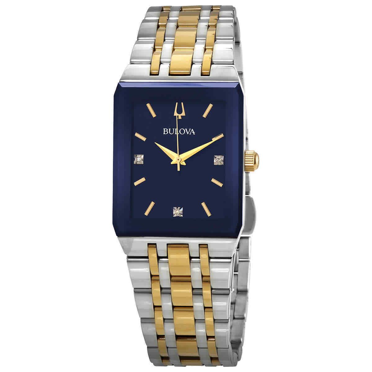 Bulova Quadra Quartz Diamond Blue Dial Men`s Watch 98D154 - Dial: Blue, Black, Band: Silver, Gold, Bezel: Blue