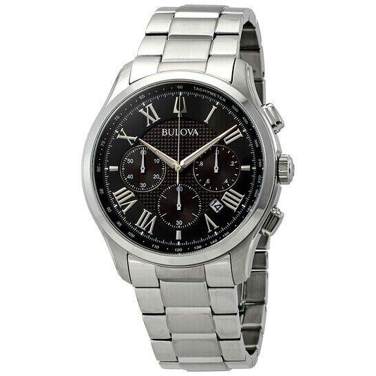 Bulova Wilton Chronograph Mens Watch Stainless Steel Black Dial 96B288