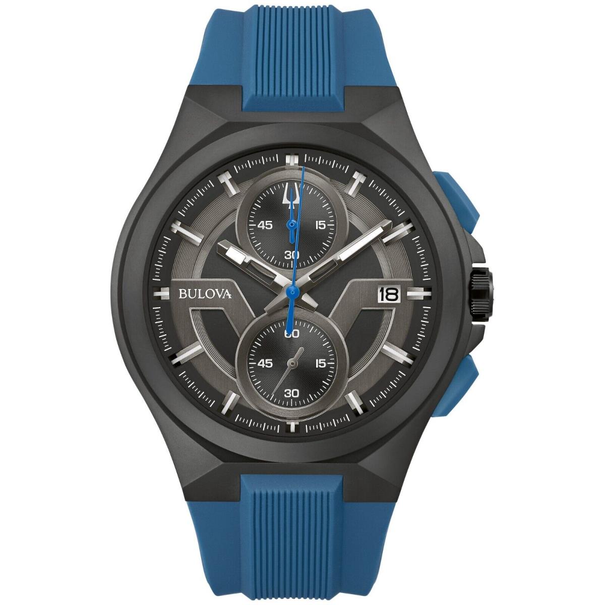 Bulova Men`s Maquina Chronograph Calendar Quartz Blue Silicon Watch 46 MM 98B380