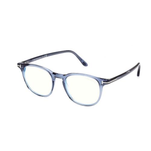 Tom Ford FT5832-B 090 Shiny Transparent Blue/blue Block Round Men`s Eyeglasses