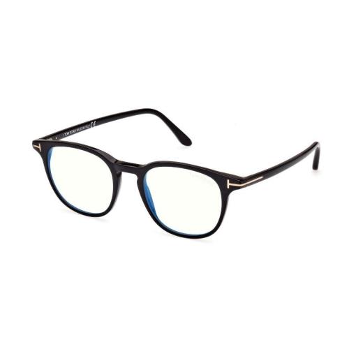 Tom Ford FT5832-B 001 Shiny Black/blue Block Round Men`s Eyeglasses