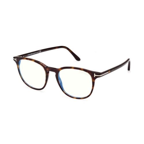 Tom Ford FT5832-B 52 Shiny Dark Havana/blue Block Round Men`s Eyeglasses