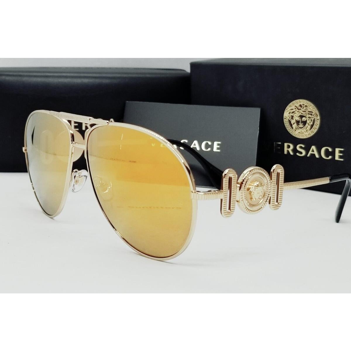 Versace Gold/gold Mirror VE2249 10027P 65 Aviator Pilot Sunglasses - Frame: Gold, Lens: Gold