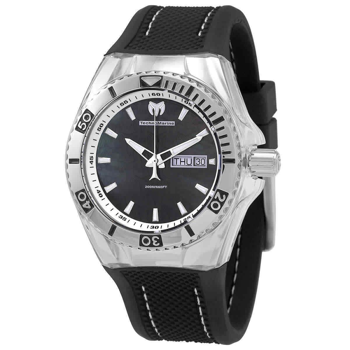 Technomarine Cruise Monogram Black Mop Logo Textured Dial Black Silicone Strap - Dial: Black Mother of Pearl, Band: Black, Bezel: Silver-tone