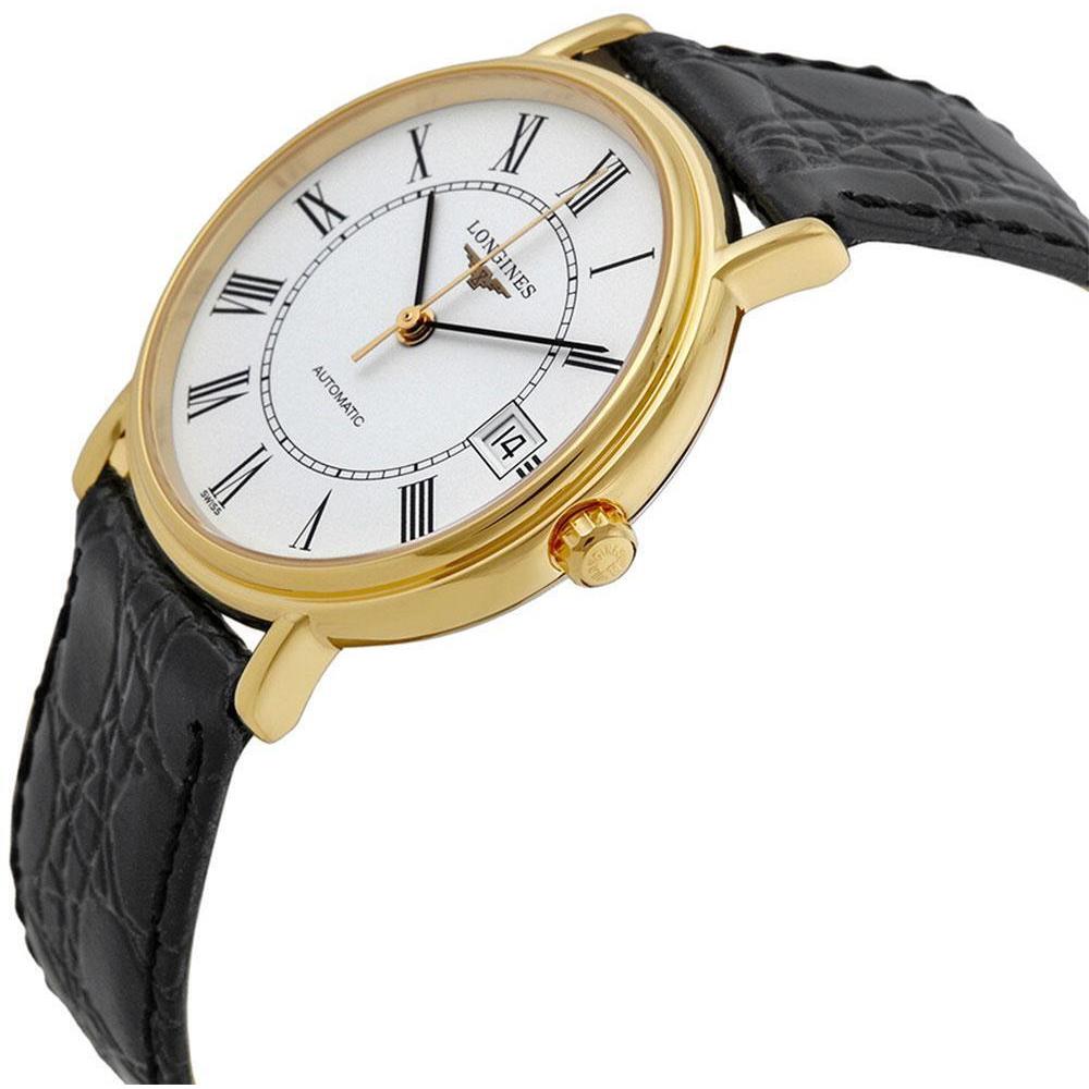 Longines Presence Automatic Yellow Gold Pvd Black Leather Mens Watch L48212112 - Dial: White, Band: Black, Bezel: Gold