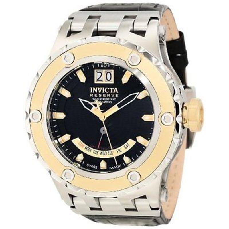 Invicta Reserve Subaqua Day/date Black Dial Black Leather Men`s Watch 10093 - Dial: Black, Band: Black, Bezel: Gold