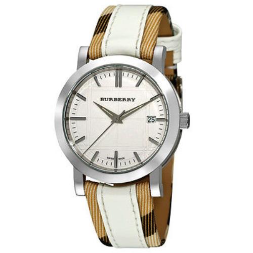 Burberry Engraved Dial White Patent Check Signature Band Watch BU1379