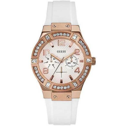 Jam Tangan Wanita Merk Guess W0426L1 White Rubber Strap Gold Dial Analog Watch - Dial: Gold, White, Band: White