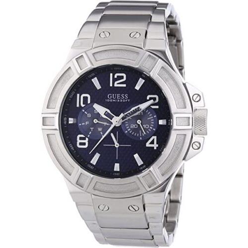 Guess W0218G2 45mm Steel Bracelet Case Acrylic Men`s Blue Dial Analog Watch - Dial: Blue, Band: Silver