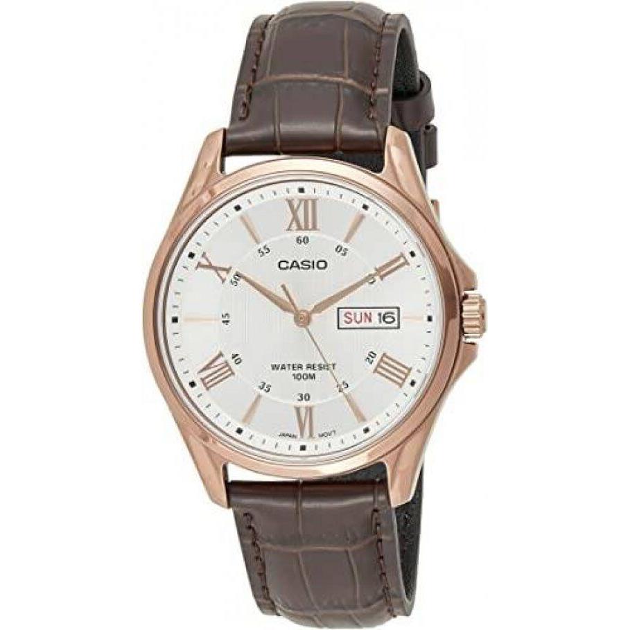 Casio MTP1384L-7AV Men`s Rose Tone Leather Date Roman Silver Dial Watch