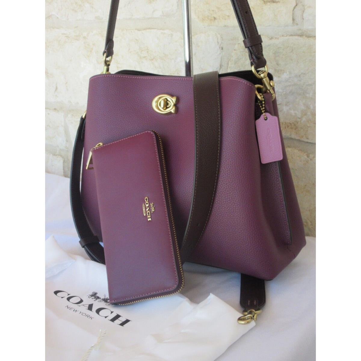 Coach Willow Leather Shoulder Bag + Wallet Set or Wallet Choices Deep Berry Purse + Dust bag + Accordion Wallet SET Dark berry