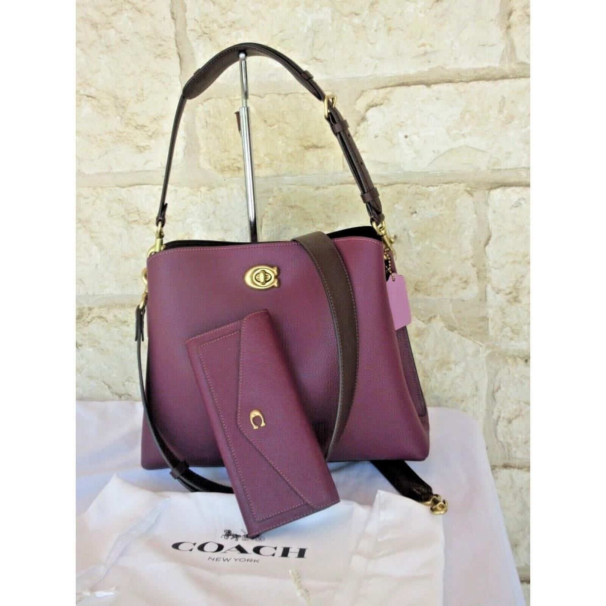 Coach Willow Leather Shoulder Bag + Wallet Set or Wallet Choices Deep Berry Purse + Dust bag + Slim Wallet SET Dark berry