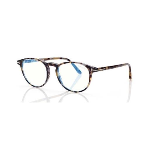 Tom Ford FT5803-B 055 Shiny Vintage Grey Havana/blue Block Round Eyeglasses