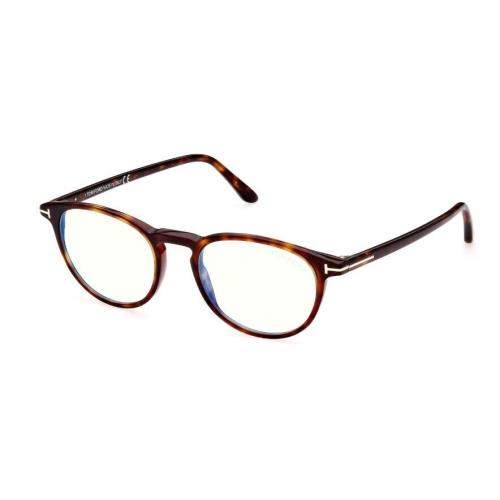 Tom Ford FT5803-B 054 Shiny Auburn Havana/blue Block Round Men`s Eyeglasses