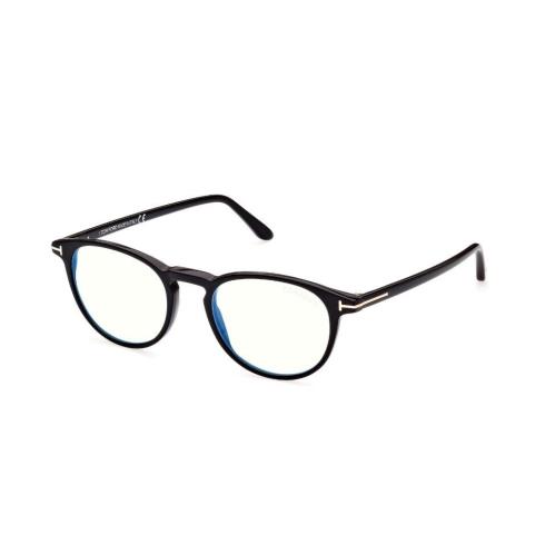 Tom Ford FT5803-B 001 Shiny Black/blue Block Round Men`s Eyeglasses