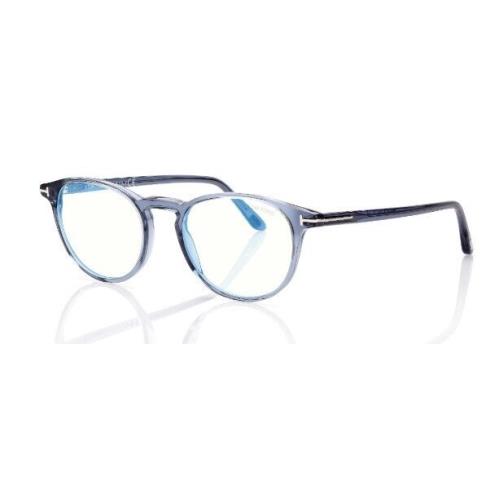 Tom Ford FT5803-B 090 Shiny Transparent Blue/blue Block Round Men`s Eyeglasses